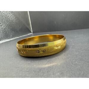 Vintage Monet Etched Brushed Gold Tone Statement Bangle Bracelet 13.8MM Sz 8"